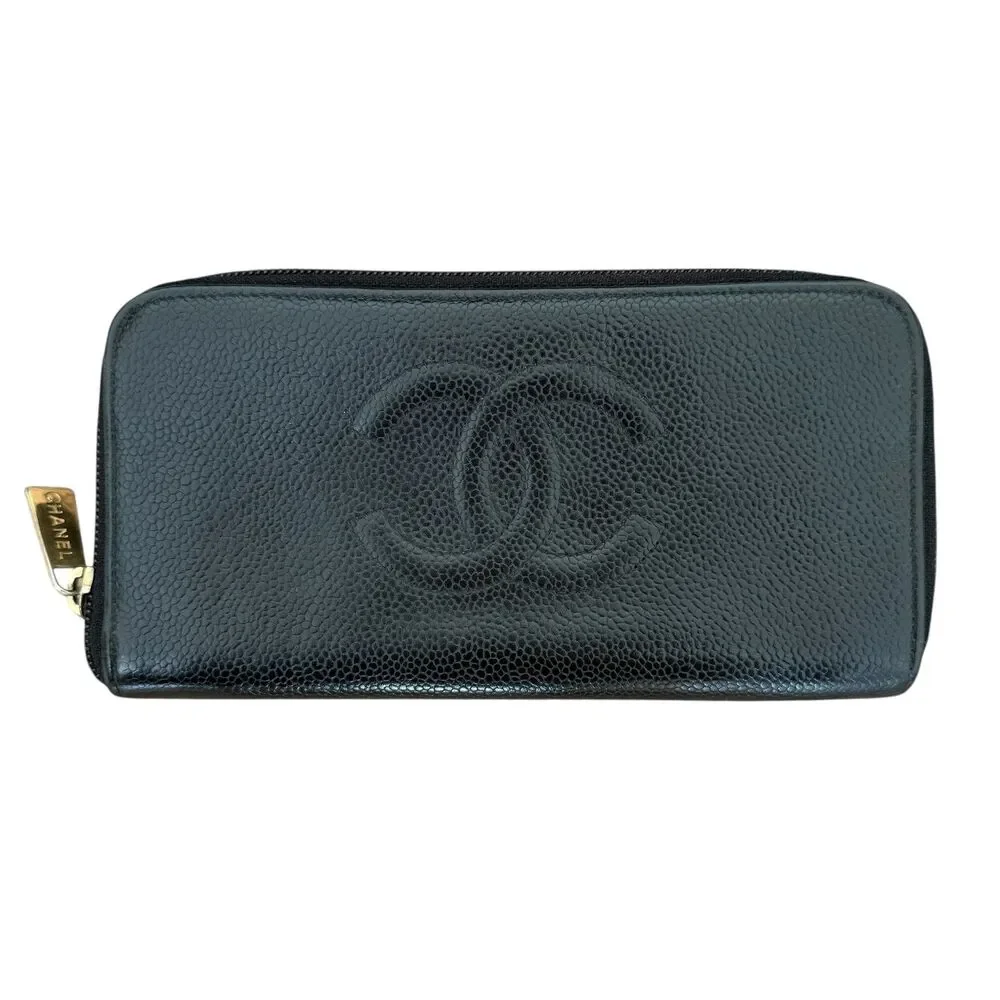 Chanel CC caviar black leather long zip around wallet authentic with COA gold t